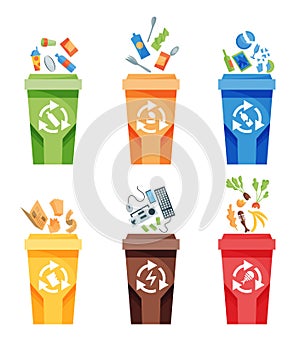 Garbage collection recycling. Plastic containers for garbage of different types. Rubbish container concept logo. Vector