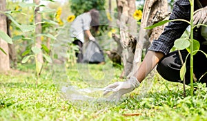 garbage collection, volunteer team pick up plastic bottles, put garbage in black garbage bags to clean up at parks, avoid