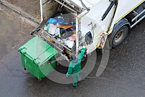 Garbage collection worker in residential area operating garbage truck