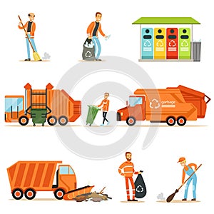 Garbage Collector At Work Set Of Illustrations With Smiling Recycling And Waste Collecting Worker