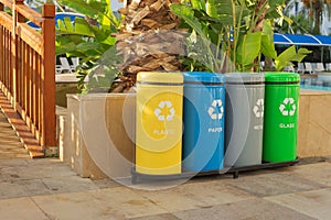 Garbage in colored trash cans with sorted garbage vector icons. plastic, paper, metal, glass. Pool in the background. Separate
