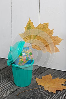 Garbage container with a globe. Nearby is a  dried maple leaves