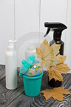 Garbage container with a globe. Nearby are dried maple leaves and an antiseptic spray