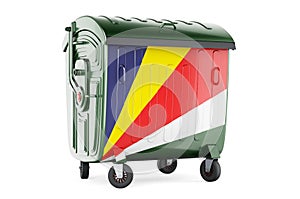 Garbage container with Seychelloise flag, 3D rendering