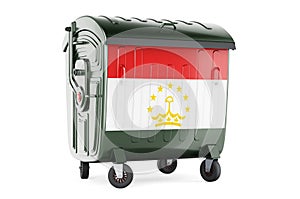 Garbage container with Tajik flag, 3D rendering