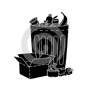 Garbage container with unsorted trash. Plastic, glass, metal, paper, organic waste illustration. Black garbage metal can