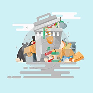 Garbage container vector illustration card in modern style. Trash can set with rubbish. Template