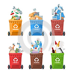 Garbage container vector illustration in modern style. Trash can set with rubbish. Template