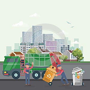 Garbage container vector illustration in modern style. Trash can set with rubbish. Truck with cleaner and scavenger photo