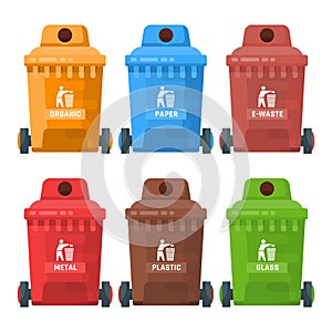 Garbage container vector illustration set in modern style. Trash can set with rubbish. Template