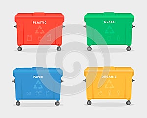 Garbage containers. Green, red, yellow, and blue trash dumpster for trash, like paper, glass, plastic, and food waste. Illustratio