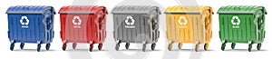 Garbage containers with separated garbage. Trash bins for plastic, glass, paper and organic. Segregate waste and garbage recycling