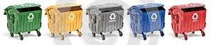 Garbage containers with separated garbage. Trash bins for plastic, glass, paper and organic. Segregate waste and garbage recycling