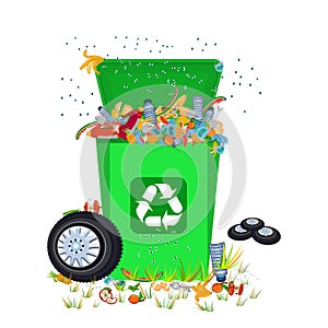 Garbage containers with unsorted trash isolated on white background. Rotting rubbish in full can bin and flies flying around.