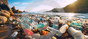 Garbage from dirty plastic bottles on ocean shore. Environmental pollution. Ecological problem. Banner format