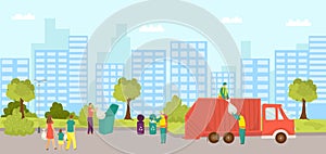 Garbage disposal in city, vector illustration. Man woman people character carry trash to container, worker take recycle