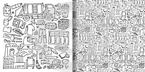 Garbage doodle objects set and seamless pattern