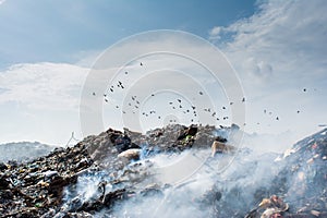 Garbage dump area view full of smoke, litter, plastic bottles, rubbish and other trash at the Thilafushi tropical island