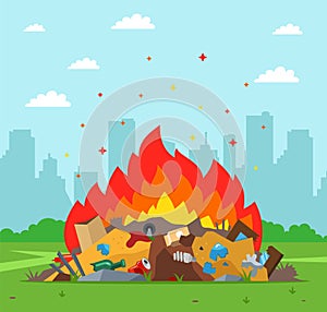Garbage dump is burning on the background of the city. improper waste disposal.