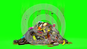 Garbage dump with flies. 3D animation in cartoon style. Green screen, loopable.