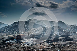 Garbage dump landscape full of litter, plastic bottles and other trash at the Thilafushi island