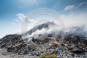 Garbage dump landscape full of litter, plastic bottles,rubbish and other trash at the Thilafushi tropical island