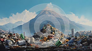 Garbage dump with mountain in the background, Generative AI illustrations