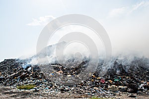 Garbage dump mountain view full of litter, plastic bottles, rubbish and other trash at the Thilafushi tropical island