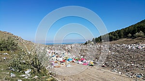 Garbage dump near the forest in nature. Social issues related to environmental protection. Pollution of nature