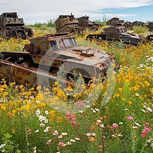 Garbage dump of old rusty abandoned crashed transport standing in summer meadow with wildflowers under blue sky