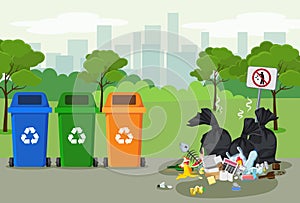 Garbage dump in park with rubbish bin for recycling near it. Different types of waste. Environmental conservation vector