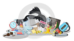 Garbage dump with rubbish for recycling. Different types of waste. Environmental conservation vector infographics