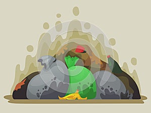 Garbage dump. Smelly trash in garbage bags, city dumps and pile of rubbish cartoon vector illustration