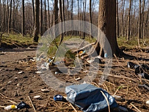 garbage dumping in the forest, pollution of the forest area with human waste, environmental pollution