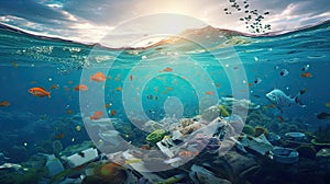Garbage and fishs in ocean. Environment concept. environmental protection concept. Generetive AI
