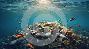 Garbage and fishs in ocean. Environment concept. environmental protection concept. Generetive AI