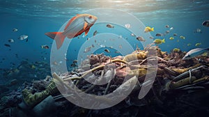 Garbage and fishs in ocean. Environment concept. environmental protection concept. Generetive AI