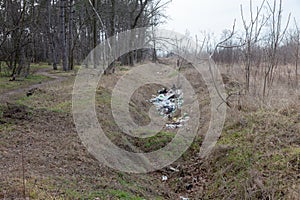 Garbage in forest. People illegally thrown garbage into forest. Concept of man and nature. Illegal garbage dump in nature. Dirty