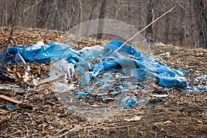 Garbage in the forest. Used plastic trash thrown into the forest.