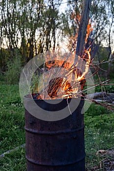 garbage incineration in rusty metal barrel. burning branches and old grass from the land plot in a barrel. spring cleaning of the