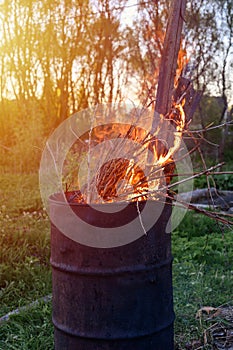 garbage incineration in rusty metal barrel. burning branches and old grass from the land plot. spring cleaning of the backyard and