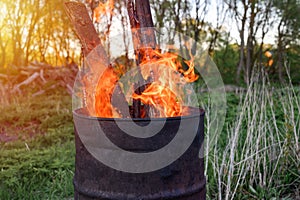 garbage incineration in rusty metal barrel. burning branches and old grass from the land plot. spring cleaning of the backyard and