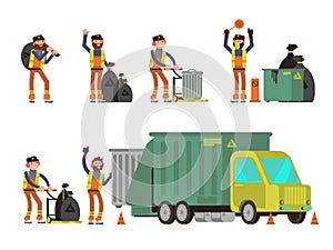 Garbage man collecting city rubbish and waste for recycling. Vector set