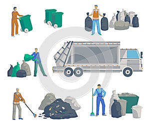 Garbage men set. Garbage truck, bags, cans, bins, containers and pile of trash. Isolated objects on white background. Garbage recy