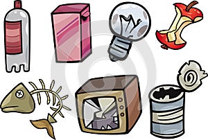 Garbage objects cartoon illustration set