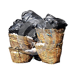 Garbage is pile lots dump isolated white background, many garbage plastic bags black waste in basket bin, pollution from trash