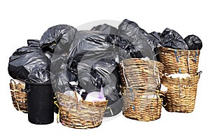 Garbage is pile lots dump isolated white background, many garbage plastic bags black waste in basket bin, pollution from trash