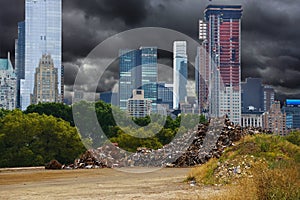 Garbage piles or pollution in big cities concept with scrap metal pile in Central Park, New York City