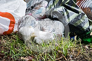 Garbage in plastic bags lies on grass. Environmental pollution. Ecological problems concept.