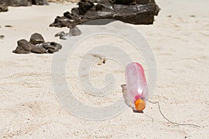 The garbage  plastic bottle was litter on sand beach